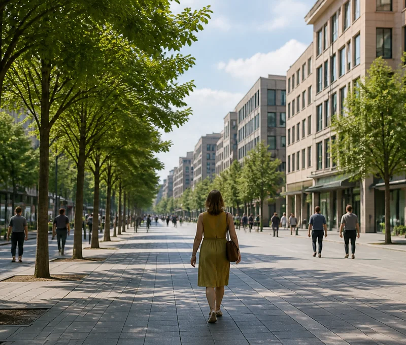 Promenade piétonne arborée entre des immeubles contemporains