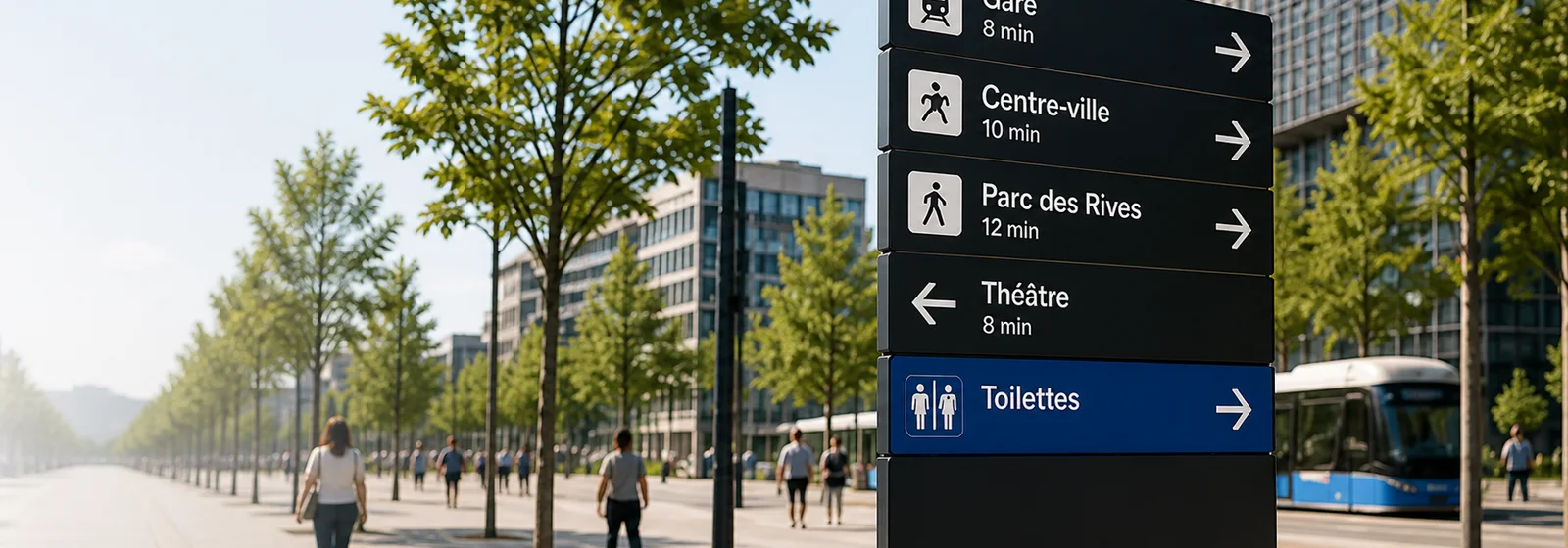 Promenade arborée avec panneau directionnel vers la gare, le centre-ville, le parc, le théâtre et les toilettes