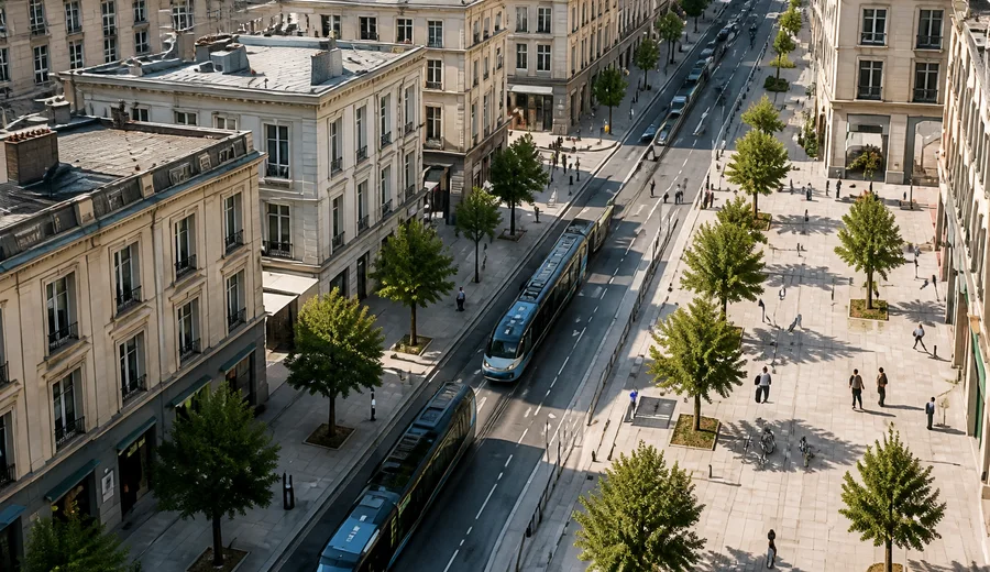 Avenue bordée d’immeubles et large place plantée vue depuis un étage
